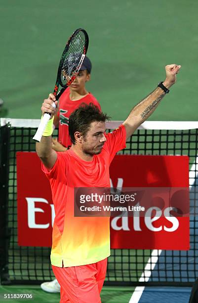 Stan Wawrinka of Switzerland celebrates beating Sergiy Stakhovsky of Ukraine during day four of the ATP Dubai Duty Free Tennis Championship at the...
