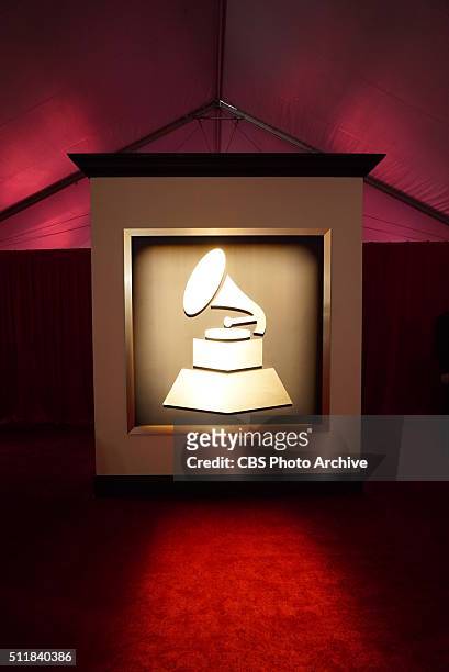 Gramophone display is seen on the red carpet during THE 58TH ANNUAL GRAMMY AWARDS, Monday, Feb. 15, 2016 at STAPLES Center in Los Angeles and...