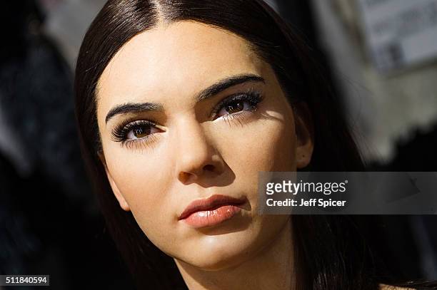 The new Kendall Jenner wax figure is displayed as part of the London Fashion Week experience exhibit at Madame Tussauds on February 23, 2016 in...