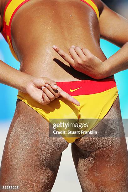 Lu Wang of China during her doubles match against Germany in the women's preliminary round on August 14 during the Athens 2004 Summer Olympic Games...