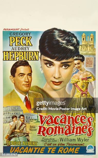 French poster for William Wyler's 1953 comedy 'Roman Holiday' starring Audrey Hepburn and Gregory Peck.