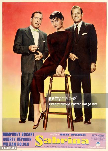 Poster for Billy Wilder's 1954 comedy 'Sabrina' starring Humphrey Bogart, Audrey Hepburn, and William Holden.