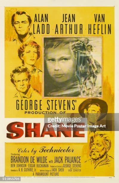 Poster for George Stevens' 1953 drama 'Shane' starring Alan Ladd, Jean Arthur, Van Heflin, Brandon De Wilde, and Jack Palance.