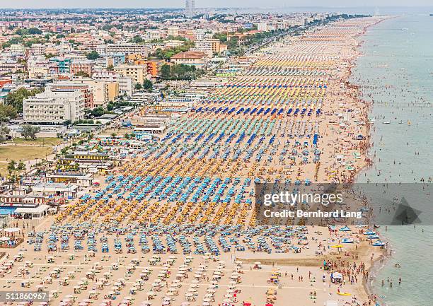 aerial view of the crowded beach of rimini - rimini ストックフォトと画像