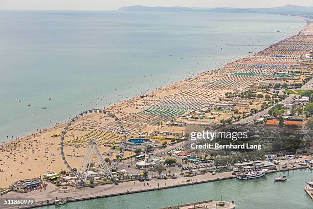 aerial view of the crowded beach of rimini - rimini stock pictures, royalty-free photos & images