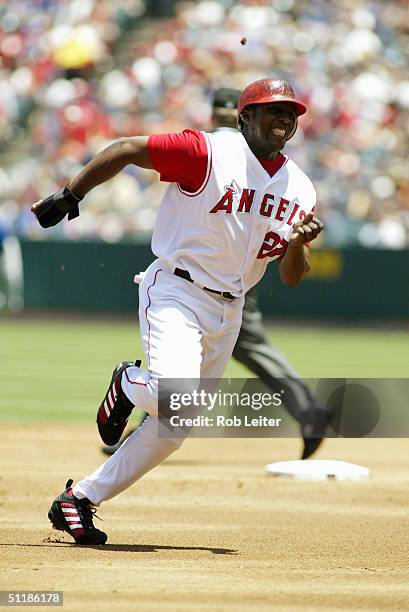 Vladimir Guerrero of the Anaheim Angels runs during the game against the Chicago Cubs at Angel Stadium of Anaheim on June 13, 2004 in Anaheim...