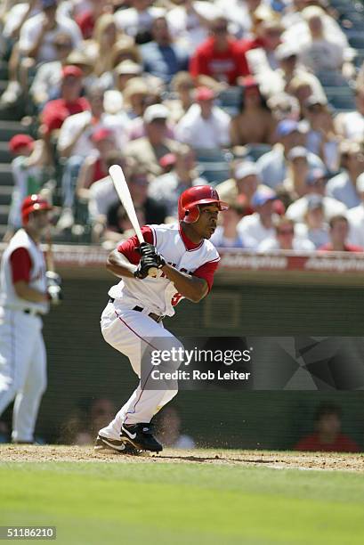 Chone Figgins of the Anaheim Angels bats during the game against the Chicago Cubs at Angel Stadium of Anaheim on June 13, 2004 in Anaheim California....