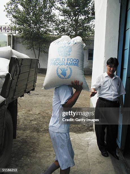 In this handout from the World Food Programme, a North Korean worker unloads wheat donated by Russia through the United Nations World Food Programme...