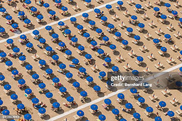 aerial view of blue sunshades standing in rows - strand liegen stock-fotos und bilder