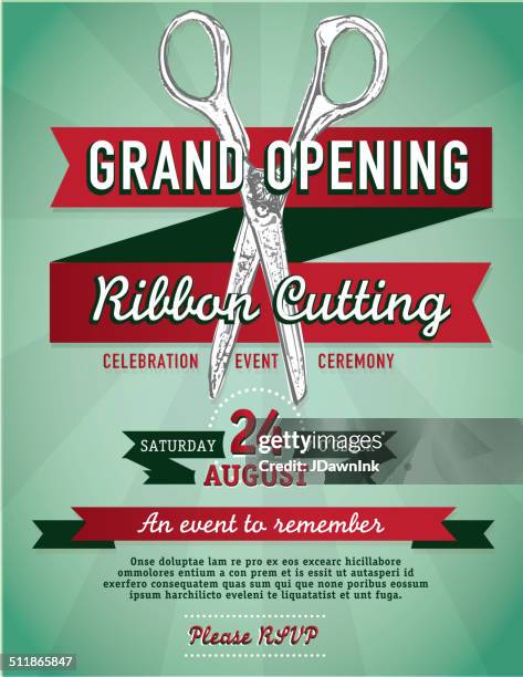 stockillustraties, clipart, cartoons en iconen met ribbon cutting grand opening with scissors invitation design template - openingsceremonie