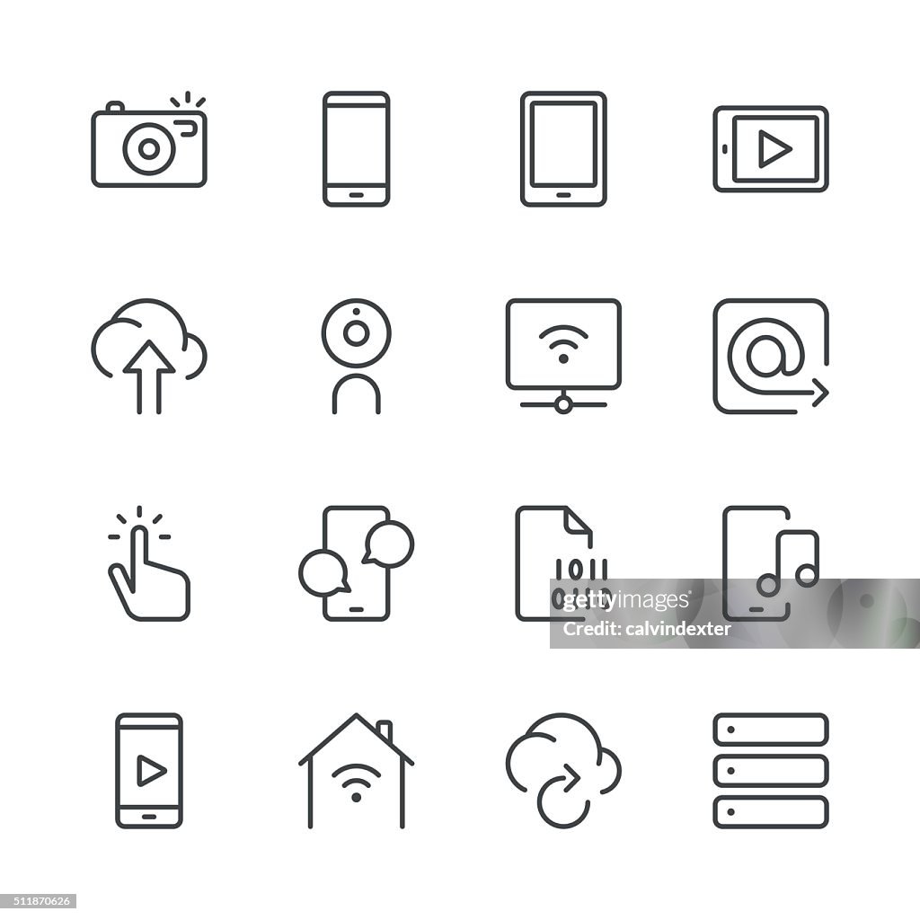 Conjunto de iconos de las comunicaciones digitales 1/negro, serie de la línea