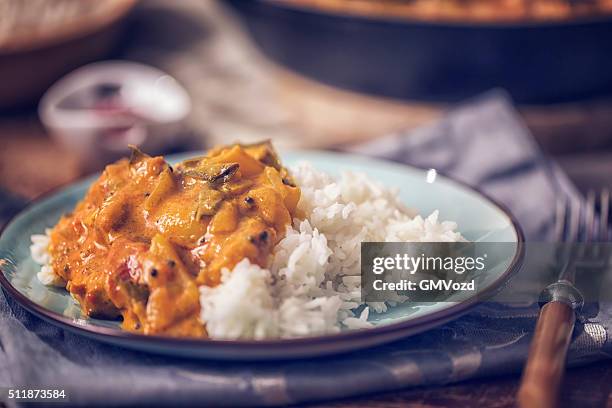 köstliche hausgemachte hähnchen-curry-gericht mit reis - indische gerichte stock-fotos und bilder