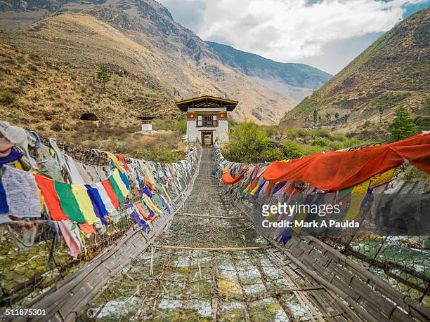 tachog lhakhang iron chain bridge - paro valley stock pictures, royalty-free photos & images