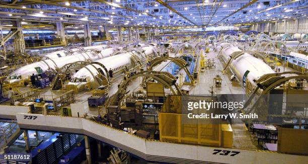 Boeing 737-800 fusalages sit in production at the Boeing Wichita plant August 18, 2004 in Wichita, Kansas. Boeing reportedly is trying to sell the...