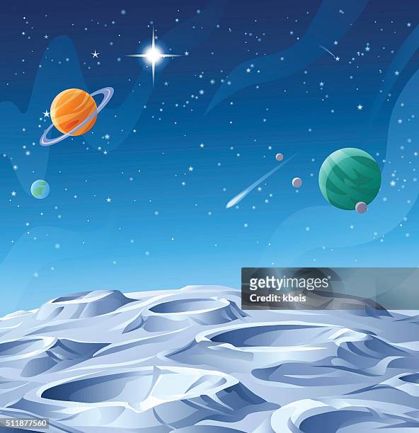 illustrazioni stock, clip art, cartoni animati e icone di tendenza di pianeti e asteroidi - spazio vuoto