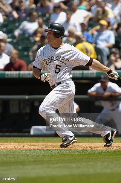 Left fielder Matt Holliday of the Colorado Rockies bats during the MLB game against the Milwaukee Brewers at Coors Field on July 1, 2004 in Denver,...