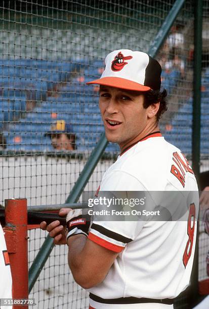 Cal Ripken Jr. #8 of the Baltimore Orioles looks on during batting practice prior to the start of a Major League baseball game circa 1982 at Memorial...