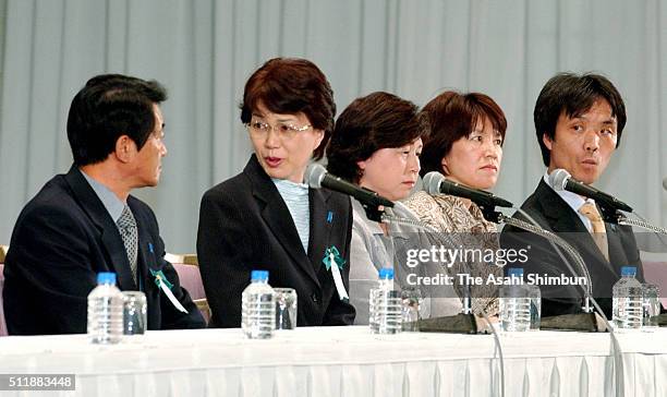 Former abductees Yasushi Chimura and his wife Fukie Chimura, Hitomi Soga, Yukiko Hasuike and her husband Kaoru Hasuike, attend a press conference on...
