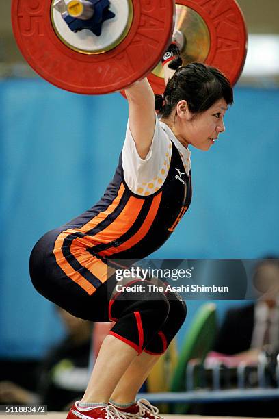 Hiromi Miyake, competes in the Women's -48kg during day one of the All Japan Weightlifting Championships at the Ishikawa Prefecture Industries...
