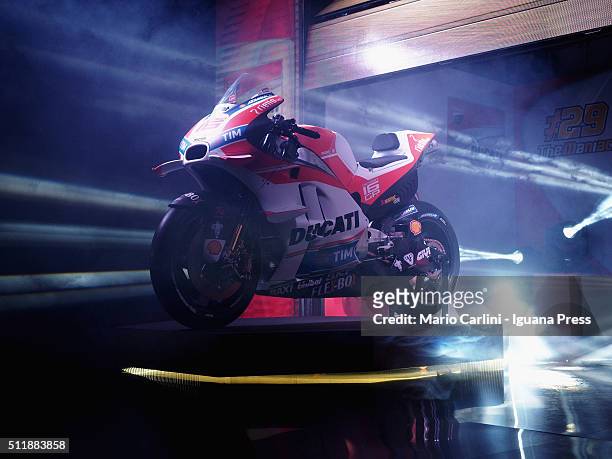The Ducati Team MotoGP 2016 unveils the Ducati motorcycle model Desmo16Gp at the Ducati Factory for the on February 23, 2016 in Bologna, Italy.