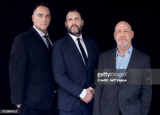 Producers Michael Sugar, Steve Golin and Keith Redmon are photographed at the 2016 Oscar Luncheon for People.com on February 8, 2016 in Beverly...