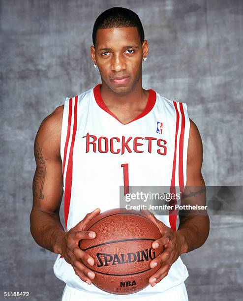 Tracy McGrady of the Houston Rockets poses for a portrait during a photo shoot at St. Lukes Methodist Church on August 6, 2004 in Orlando, Florida....