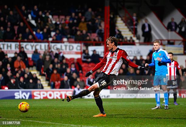 John Swift of Brentford FC scores the 3rd brentford goal during the Sky Bet Championship match between Brentford and Wolverhampton Wanderers on...