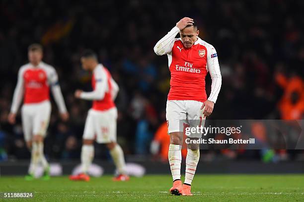 Dejected Alexis Sanchez of Arsenal reacts during the UEFA Champions League round of 16, first leg match between Arsenal FC and FC Barcelona at the...