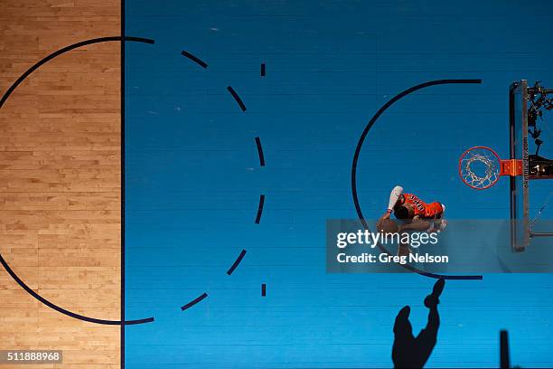 Aerial view of Oklahoma City Thunder Russell Westbrook in action, dunking vs Cleveland Cavaliers at Chesapeake Energy Arena. Oklahoma City, OK...