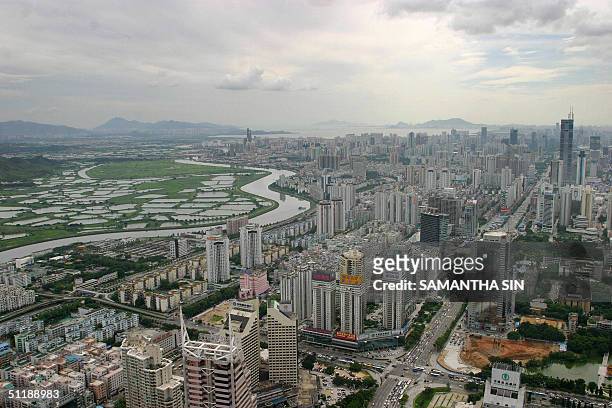 View of the skyline of Shenzhen city, 18 August 2004. Shenzhen was designated one of five special economic zones in 1980 when Deng Xiaoping decided...