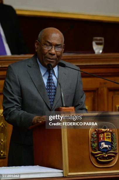 Venezuela's Vice President Aristobulo Isturiz presents the annual report to the National Assembly in Caracas on February 23, 2016. Isturiz rejected...