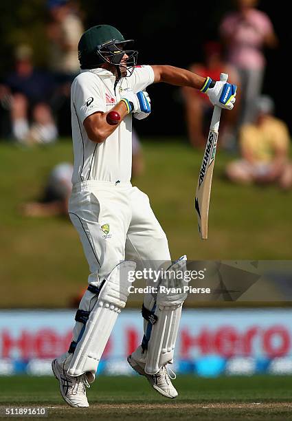 Joe Burns of Australia plays a short ball bowled by Neil Wagner of New Zealand during day five of the Test match between New Zealand and Australia at...