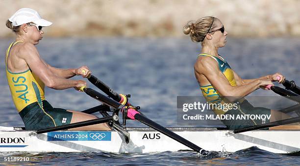 Australian Sally Newmarch and Amber Halliday power to finish first during the Lightweight Women's Double Sculls semi-final in the Athens 2004 Olympic...