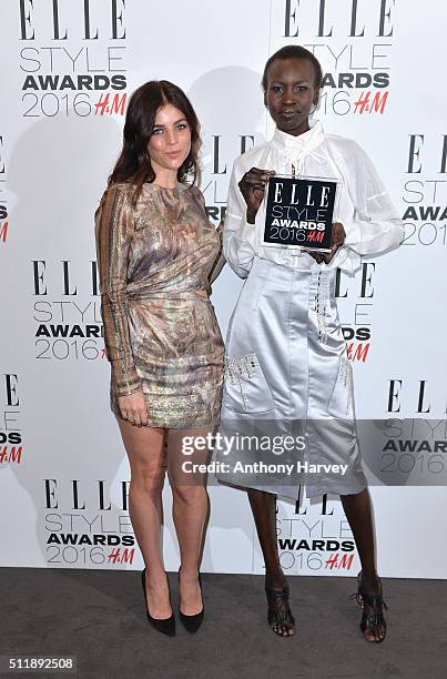 Alek Wek poses with the H&M Conscious Award with Julia Restoin-Roitfeld in the winners room at The Elle Style Awards 2016 on February 23, 2016 in...