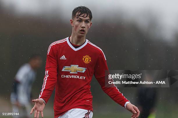 Callum Gribbon of Manchester United U18 during the U18 Premier League match between Manchester United and West Bromwich Albion at Aon Training...