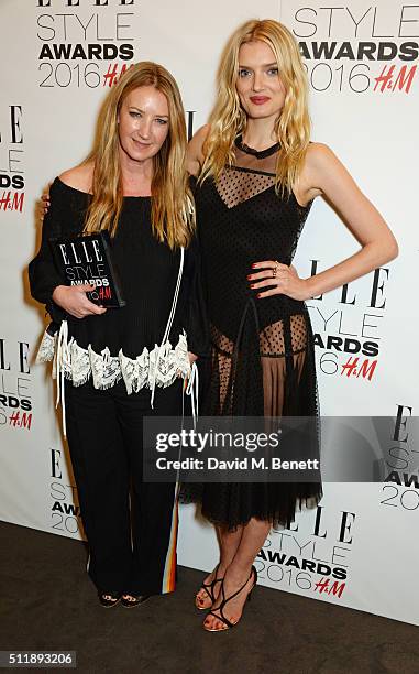 Anya Hindmarch , winner of the Accessories Designer of the Year award, and Lily Donaldson pose in the winners room at The Elle Style Awards 2016 on...