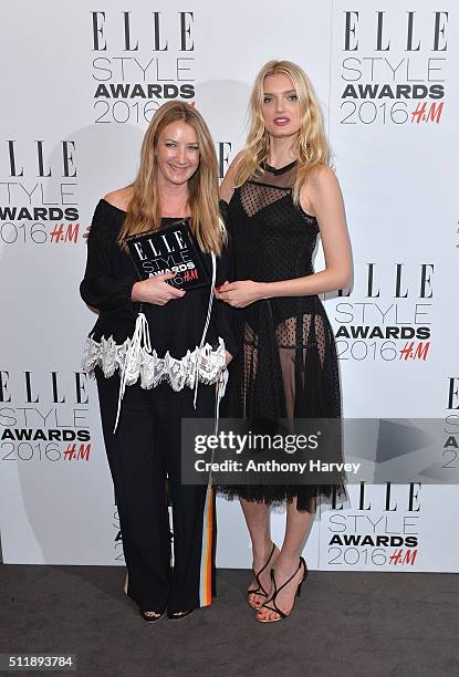 Anya Hindmarch poses with her award for Accessories Designer of The Year with Lily Donaldson in the winners room at The Elle Style Awards 2016 on...