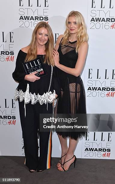 Anya Hindmarch poses with her award for Accessories Designer of The Year with Lily Donaldson in the winners room at The Elle Style Awards 2016 on...