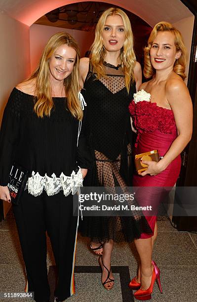 Anya Hindmarch, winner of the Accessories Designer of the Year award, Lily Donaldson and Charlotte Dellal pose in the winners room at The Elle Style...