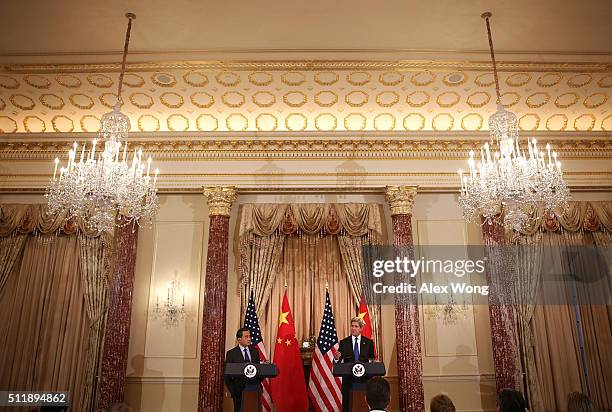 Secretary of State John Kerry and Chinese Foreign Minister Wang Yi participate in a joined news conference at the State Department February 23, 2016...