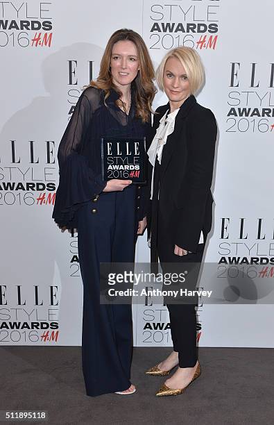 Clare Waight Keller poses with her award for Editor's Choice of The Year with Lorraine Candy in the winners room at The Elle Style Awards 2016 on...
