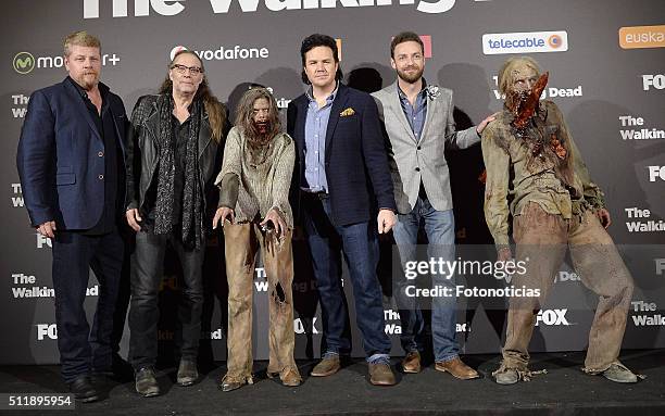 Michael Cudlitz, Greg Nicotero, Josh McDermitt and Ross Marquand attend the 'The Walking Dead' fan event at Callao Cinema on February 23, 2016 in...