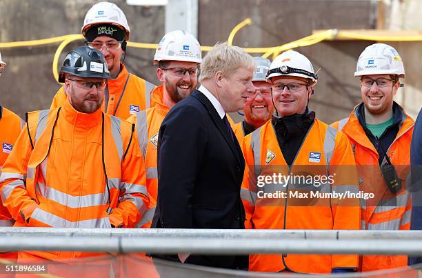 Mayor of London Boris Johnson meets Crossrail construction workers as he awaits the arrival of Queen Elizabeth II for a visit to the Crossrail...