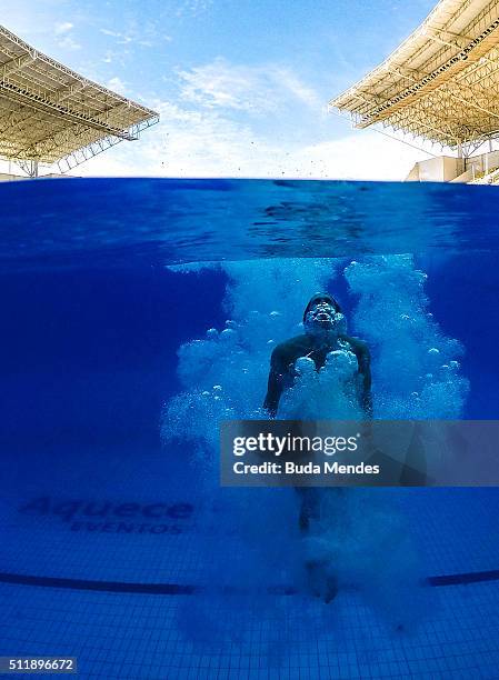 Maxim Bouchard of Canada practices before the men's 10m platform preliminary during the 2016 FINA Diving World Cup at Maria Lenk Aquatics Centre on...