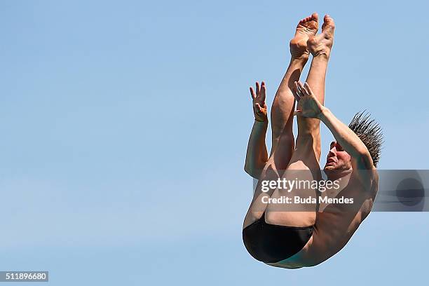 Maxim Bouchard of Canada competes in the men's 10m platform preliminary as part of the 2016 FINA Diving World Cup at Maria Lenk Aquatics Centre on...
