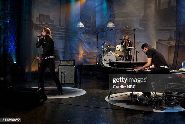 Episode 3002 -- Pictured: Musical guests Tom Chaplin, Richard Hughes, and Tim Rice-Oxley of rock band Keane perform on September 16, 2005 --