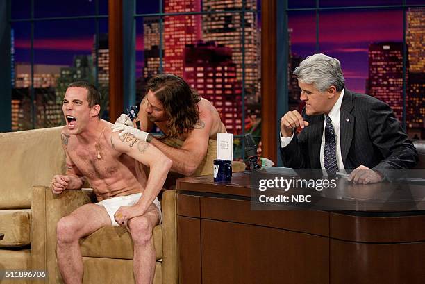 Episode 3002 -- Pictured: Entertainers Steve-O and Chris Pontius during an interview with host Jay Leno on September 16, 2005 --