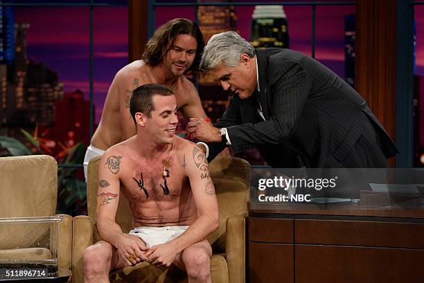 Episode 3002 -- Pictured: Entertainers Steve-O and Chris Pontius during an interview with host Jay Leno on September 16, 2005 --