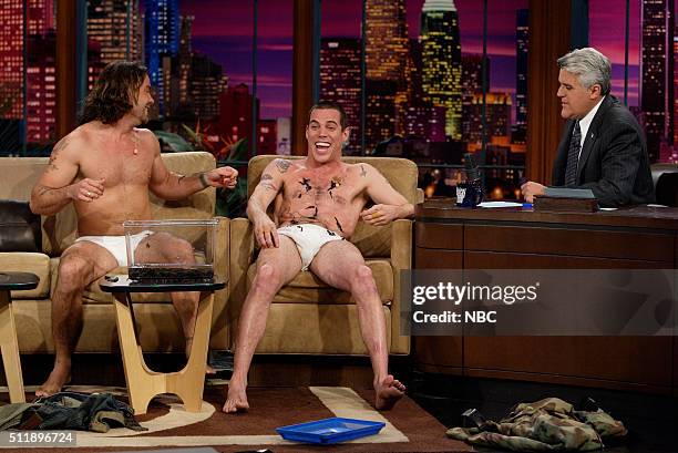 Episode 3002 -- Pictured: Entertainers Chris Pontius and Steve-O during an interview with host Jay Leno on September 16, 2005 --