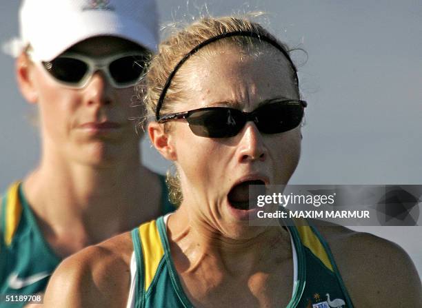 Australian Sally Newmarch and Amber Halliday at the start of the Lightweight Women's Double Sculls semi-final in the Athens 2004 Olympic Games at the...